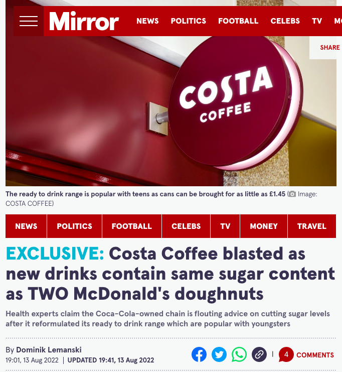 COSTA咖啡遭质疑？！皆因不断提高咖啡产品含糖量！