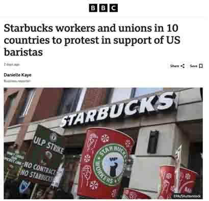 10国星巴克员工将举行抗议活动声援美国罢工！